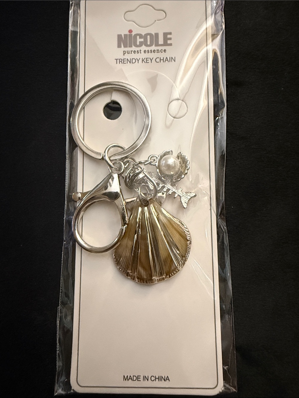 Silver Shell Charm with Pearl Keychain or Bag Charm